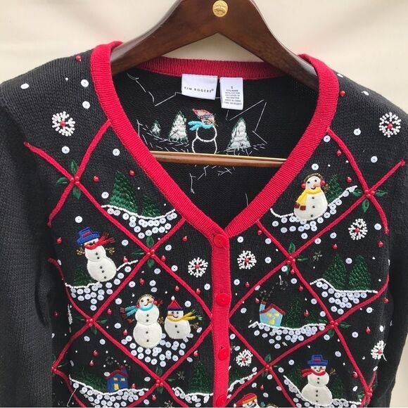 Vintage All Points Kim Rogers Christmas Sweaters Womens Small Black Snowman/dogs - Picture 6 of 10